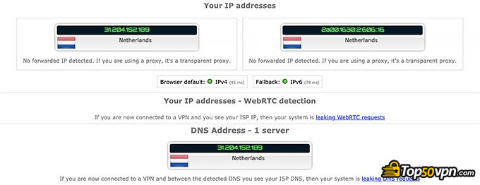 Perfect Privacy VPN 怎么样评测: IP泄漏测试。